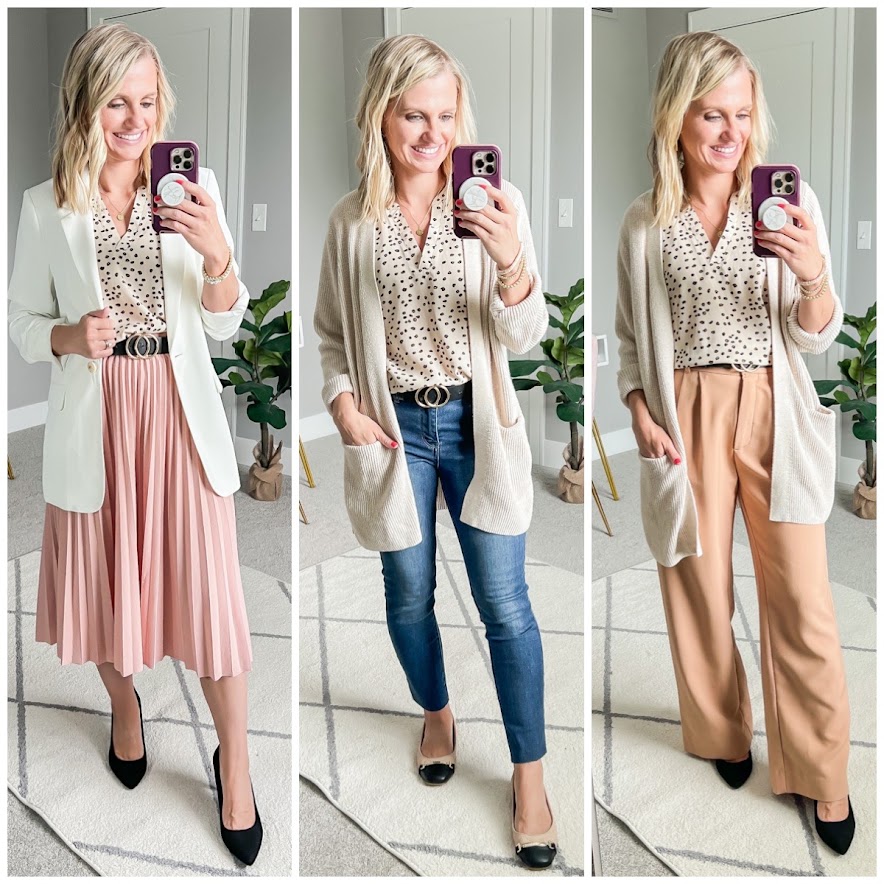 Fall teacher capsule wardrobe- 3 ways to style a neutral blouse in the classroom.