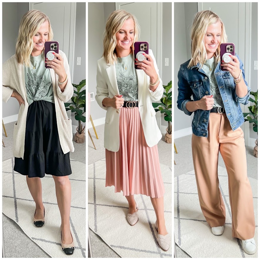 Fall teacher capsule wardrobe- 3 ways to wear a graphic tee in the classroom.
