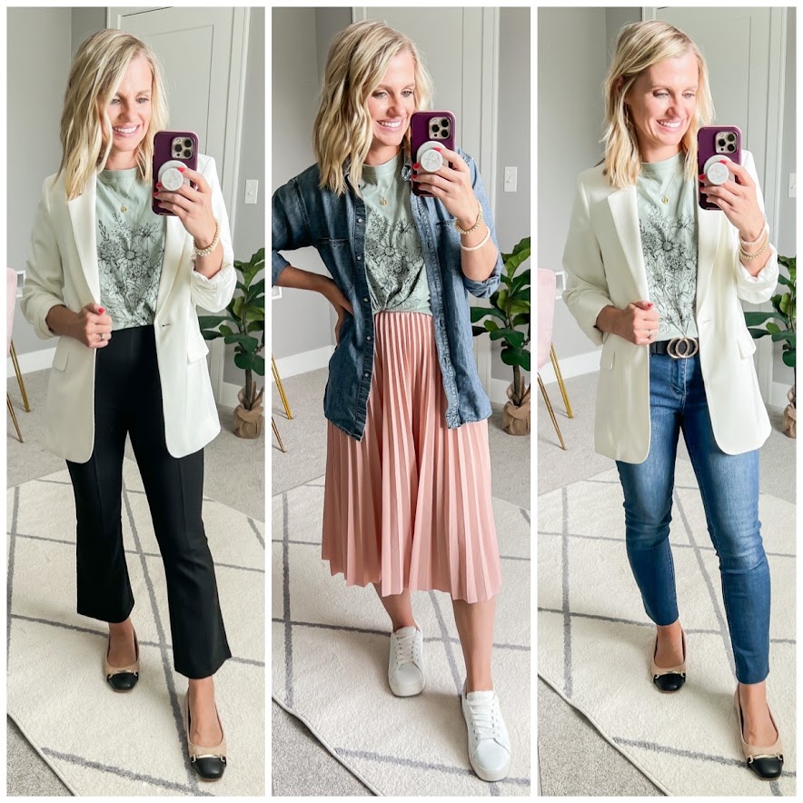 Fall teacher capsule wardrobe- 3 ways to style a graphic tee shirt as a teacher!