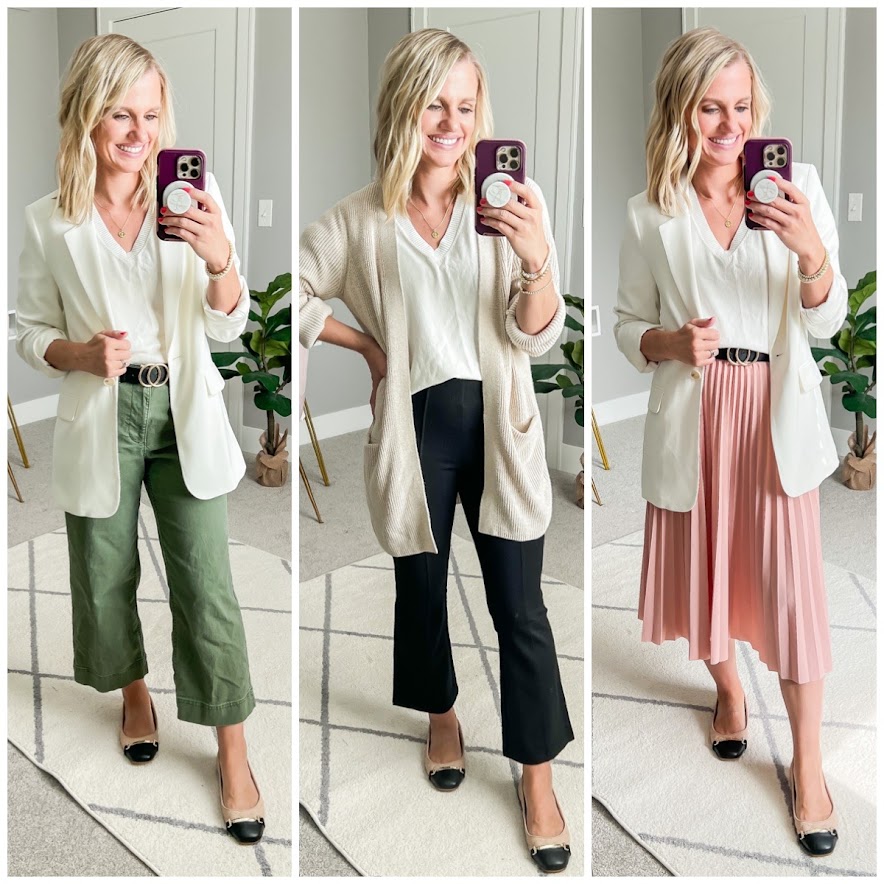 Fall teacher capsule wardrobe- 3 ways to wear a white puff sleeve knit shirt