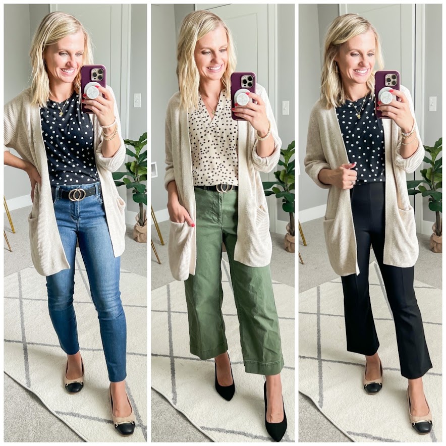 Fall teacher outfit ideas with a tan cardigan.