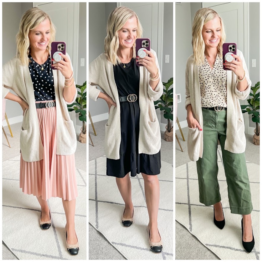 Fall teacher capsule wardrobe- 3 ways to wear a tan cardigan in the classroom.