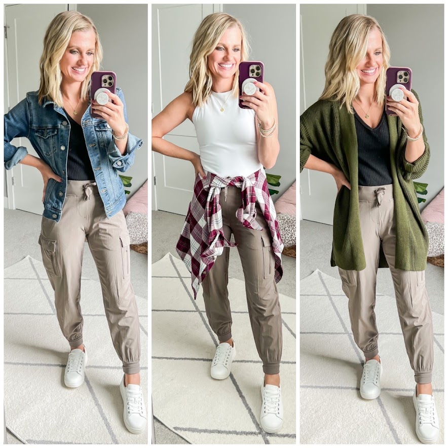 Mom capsule wardrobe for fall with jogger pants.