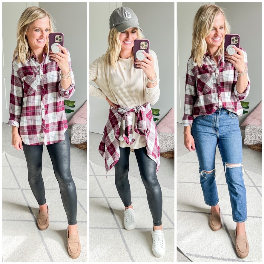 Fall mom capsule wardrobe with a purple flannel shirt.