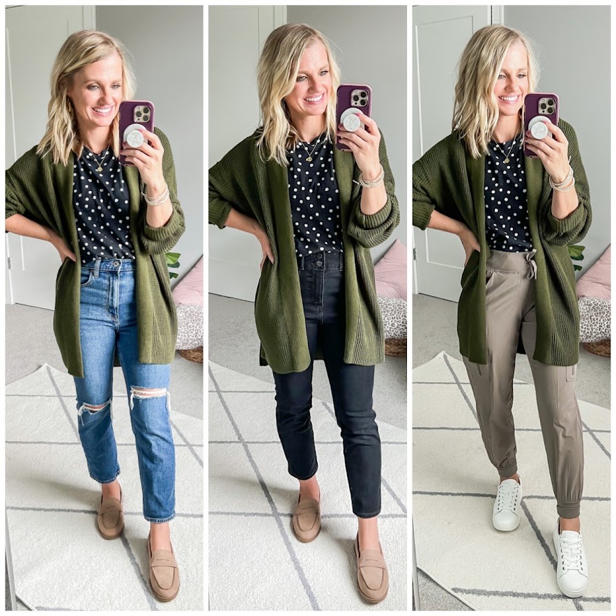 Fall mom capsule wardrobe with a green cardigan.