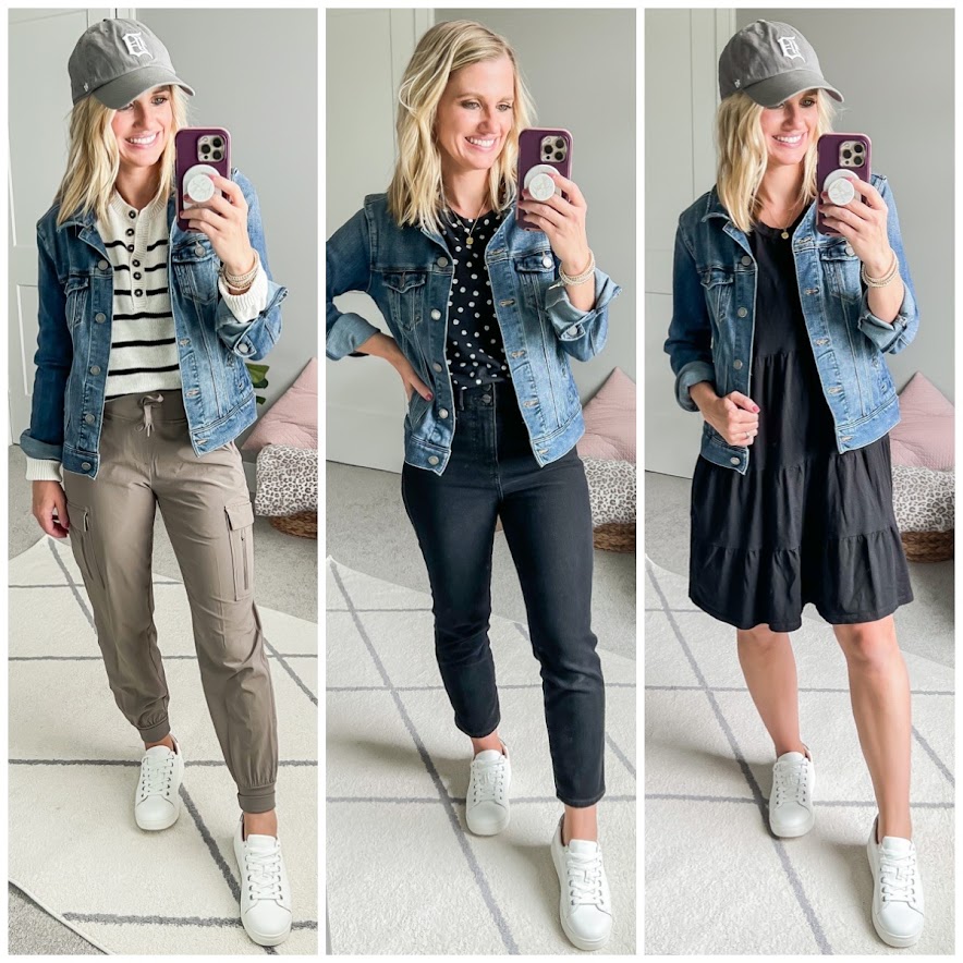 Fall mom capsule wardrobe with a denim jacket.