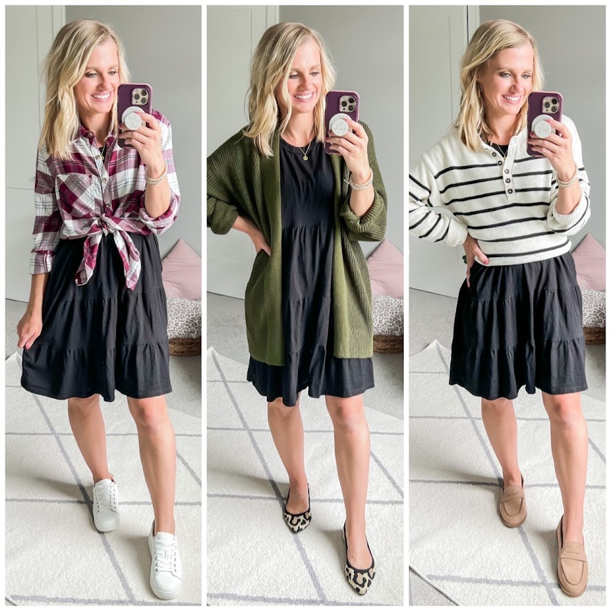 Fall mom-friendly wardrobe capsule with a black dress.