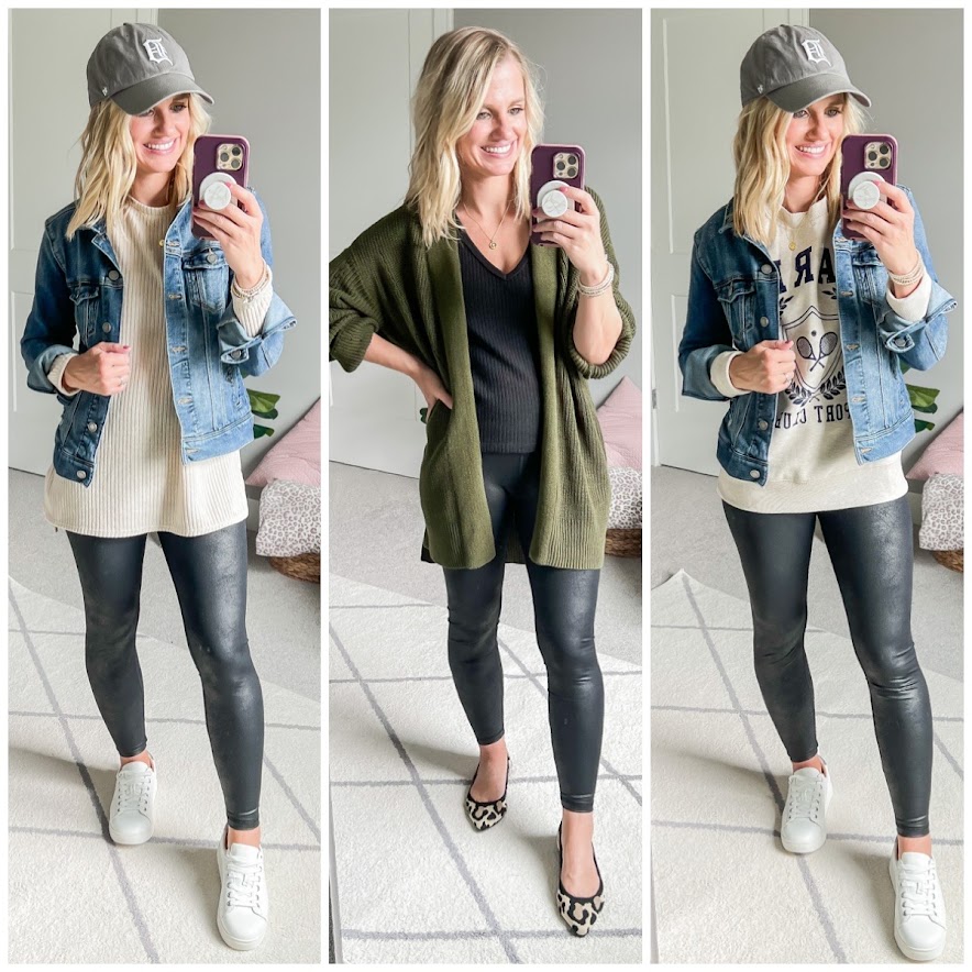 Mom capsule wardrobe for fall with matte leggings.