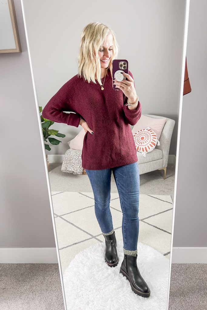 Chelsea boots styled with a boot sock and skinny jean.