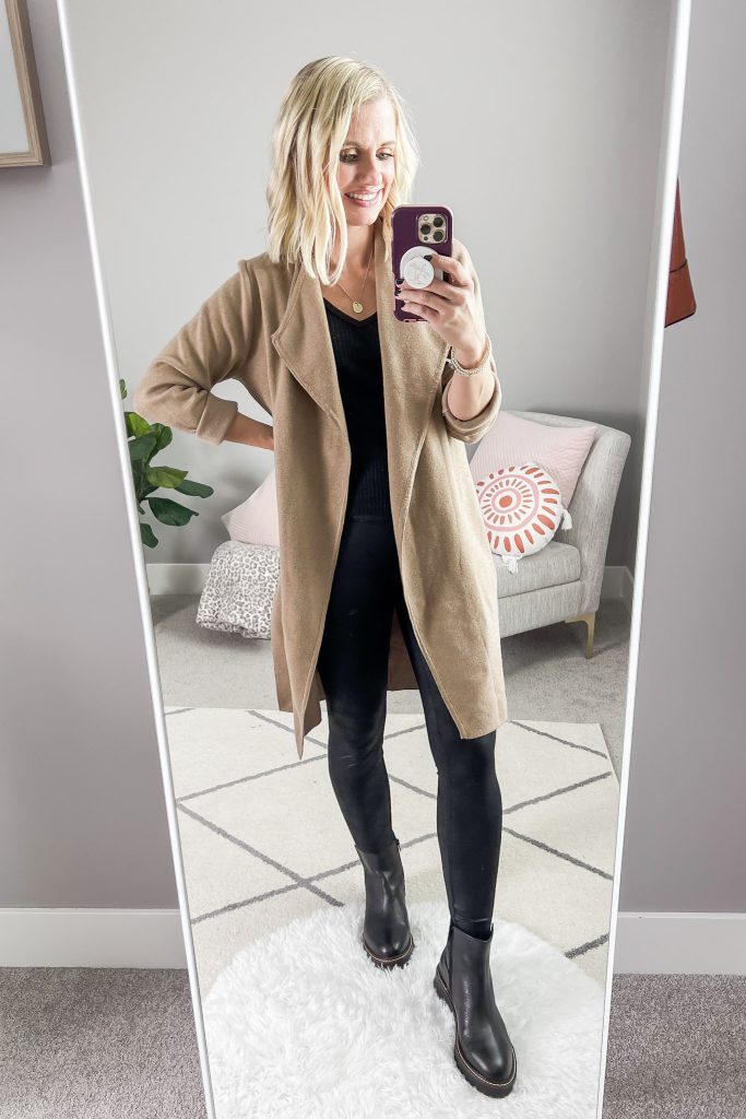Coatigan with leggings and Chelsea boots.