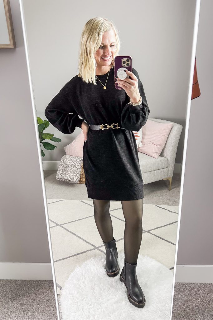 Sheer fleece lined tights with a Chelsea boots and a black sweater dress.