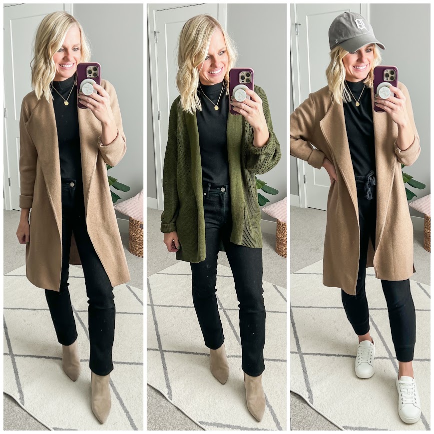Winter capsule wardrobe outfits with an all black base.