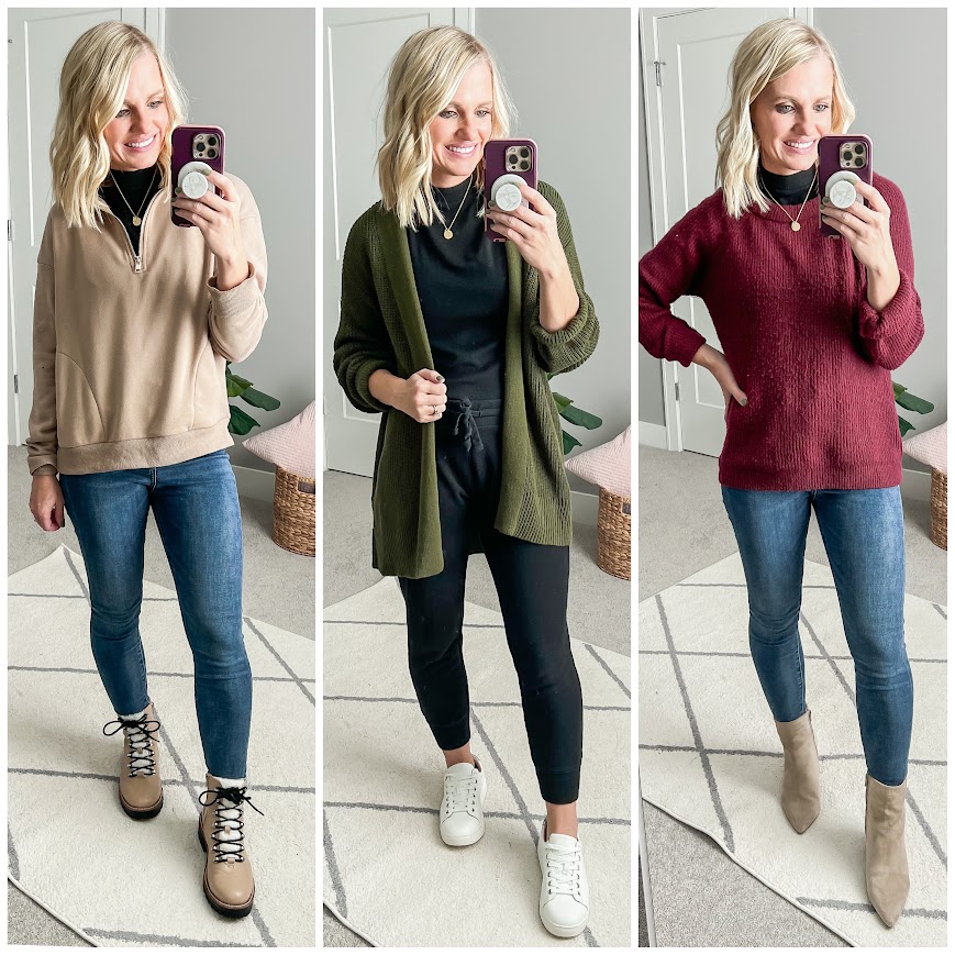 Winter wardrobe capsule with a black mock neck top layered under.