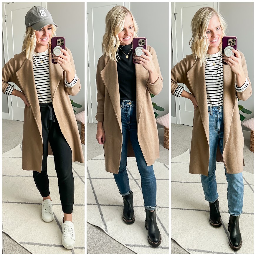 Winter capsule wardrobe outfits with a coatigan.