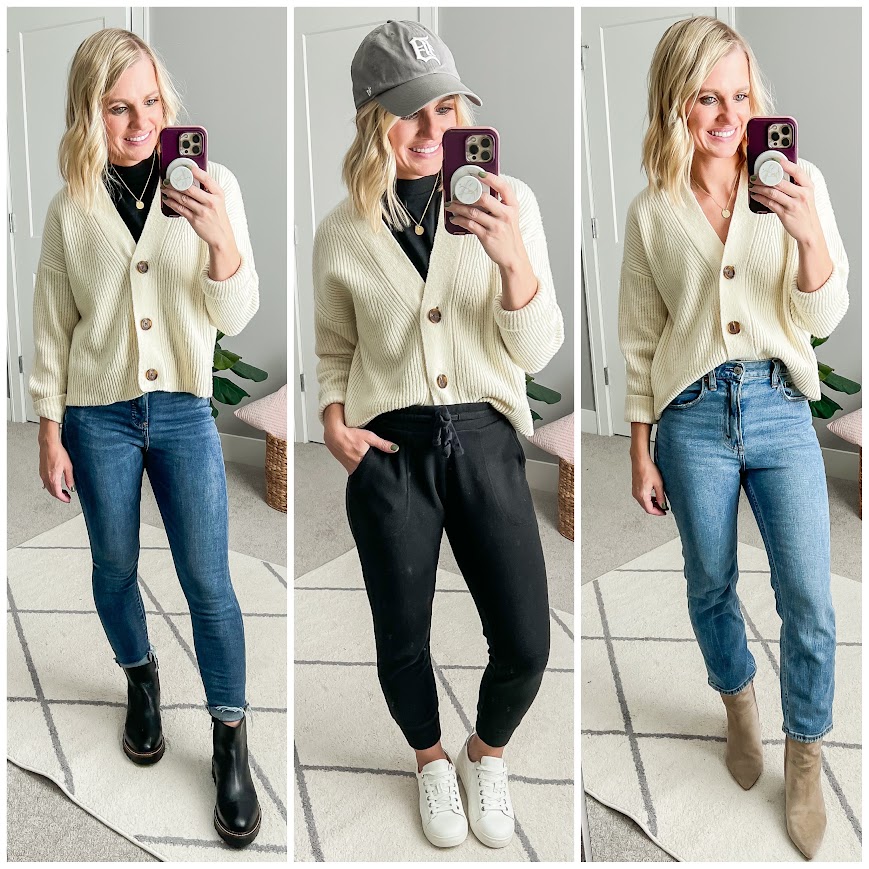 Winter capsule wardrobe outfit ideas with a cropped cardigan.