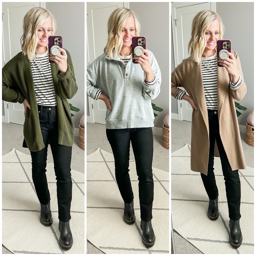 Black pants styled 3 ways.