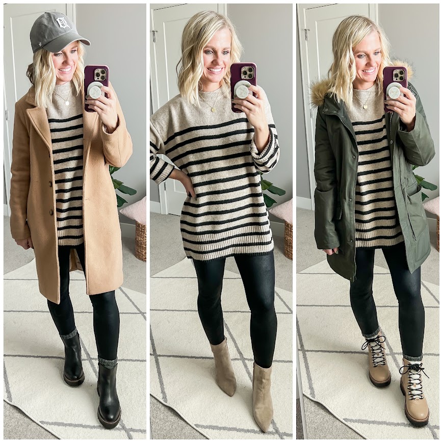 Winter capsule wardrobe with mom friendly outfits.