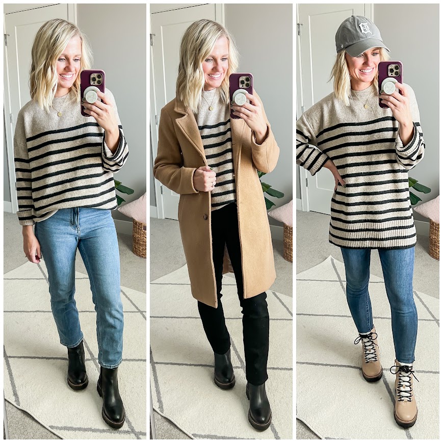 Winter capsule wardrobe with a striped sweater.