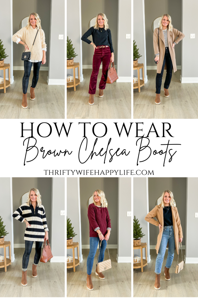 6 outfit ideas styling brown Chelsea boots for winter.