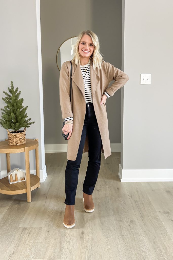 Brown Chelsea boots with black jeans.