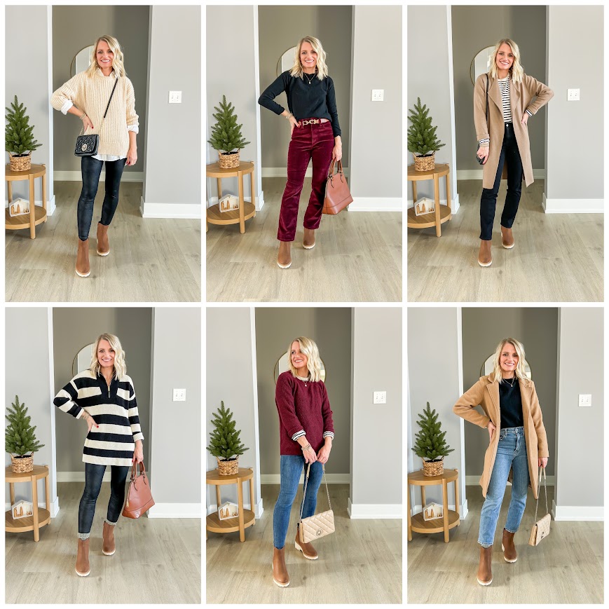 6 outfits wearing brown Chelsea boots. 