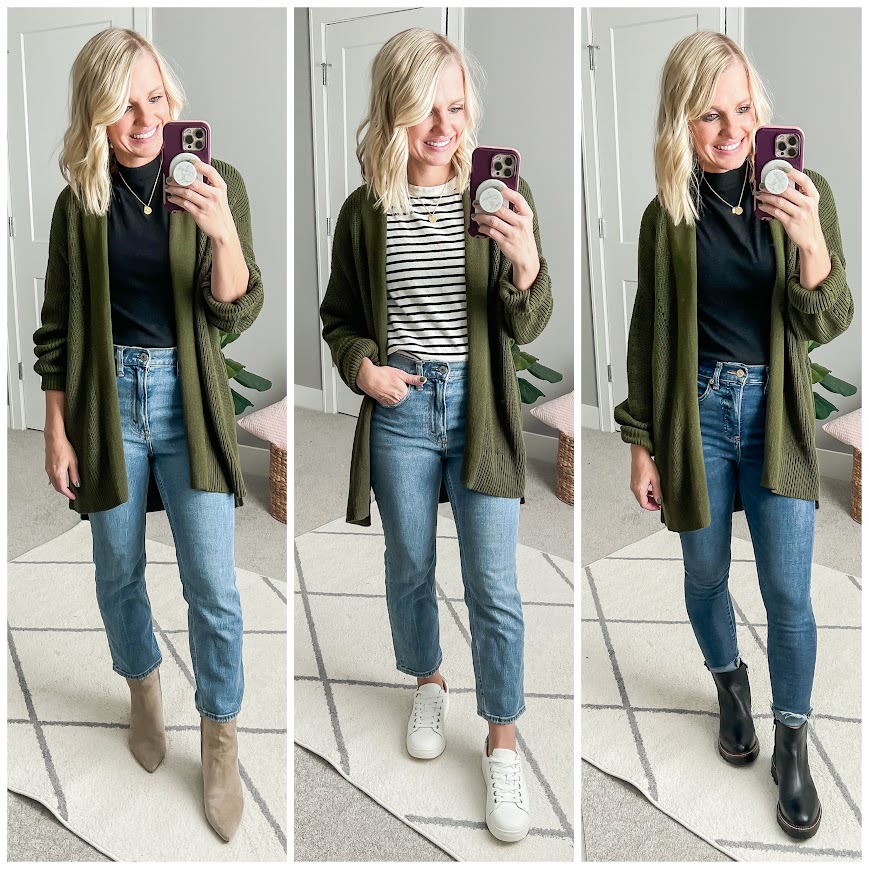 Mom-friendly outfit ideas with a green cardigan.