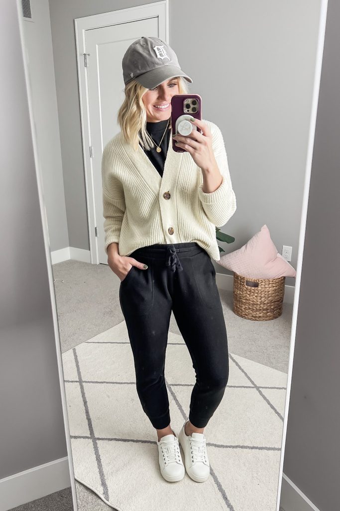 Cropped cardigan with black joggers.
