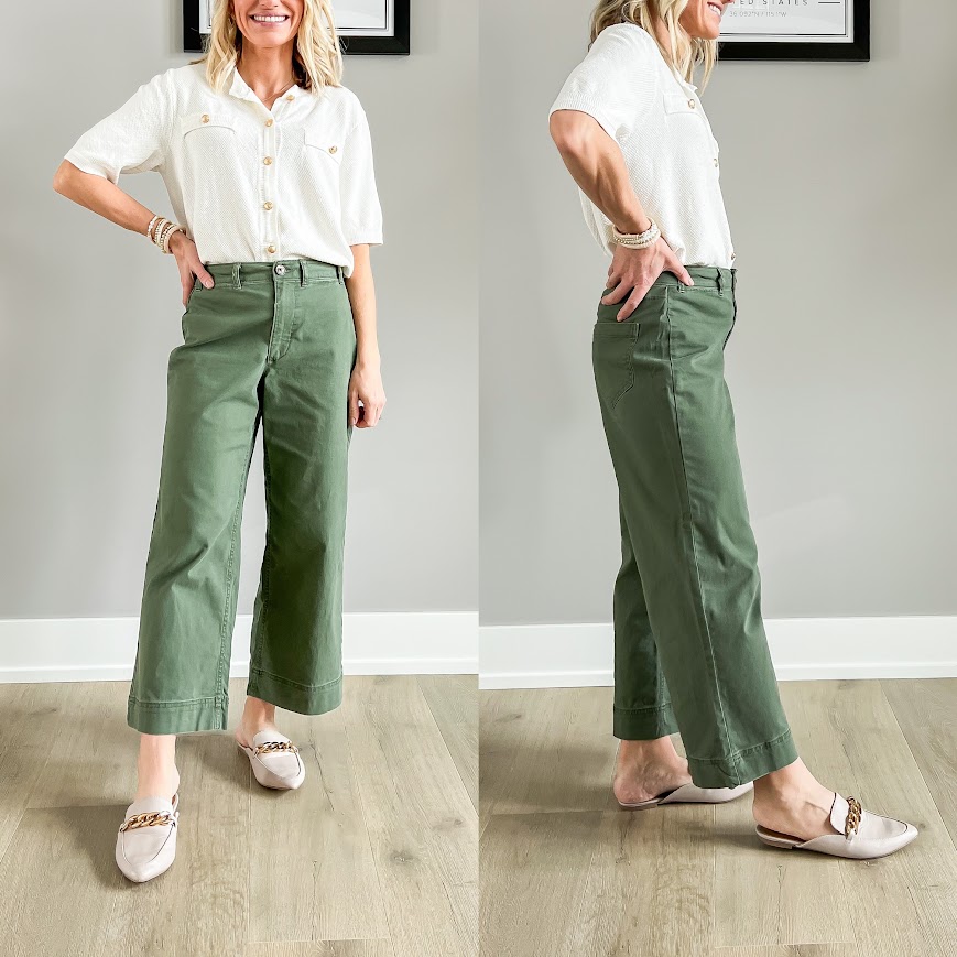 Mules paired with wide-leg cropped pants.
