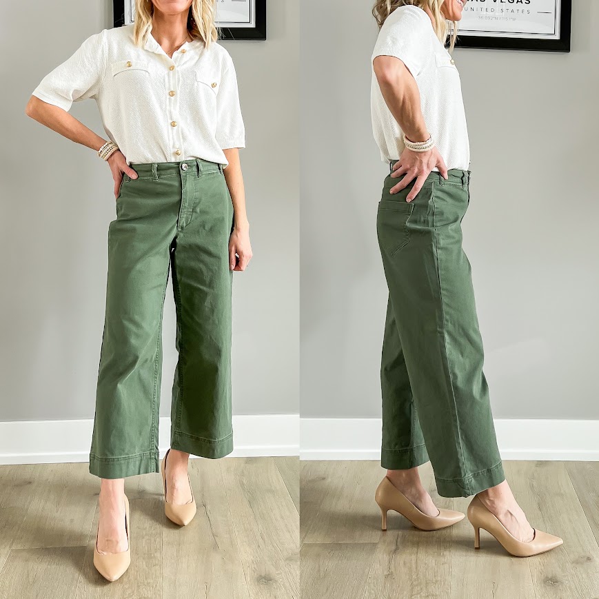 Heels paired with cropped wide-leg pants.