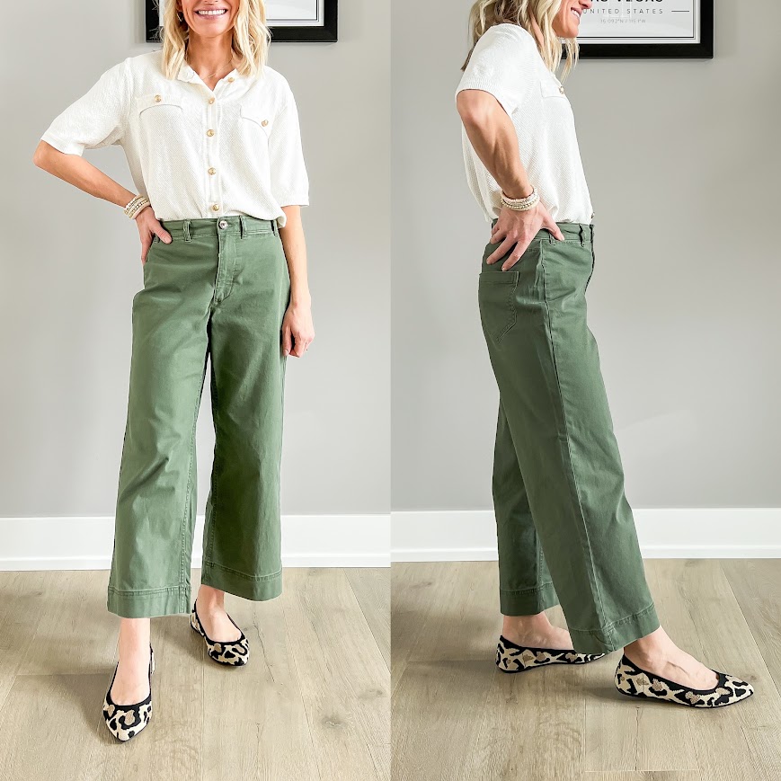 Pointed toe flat shoes with cropped wide-leg pants.
