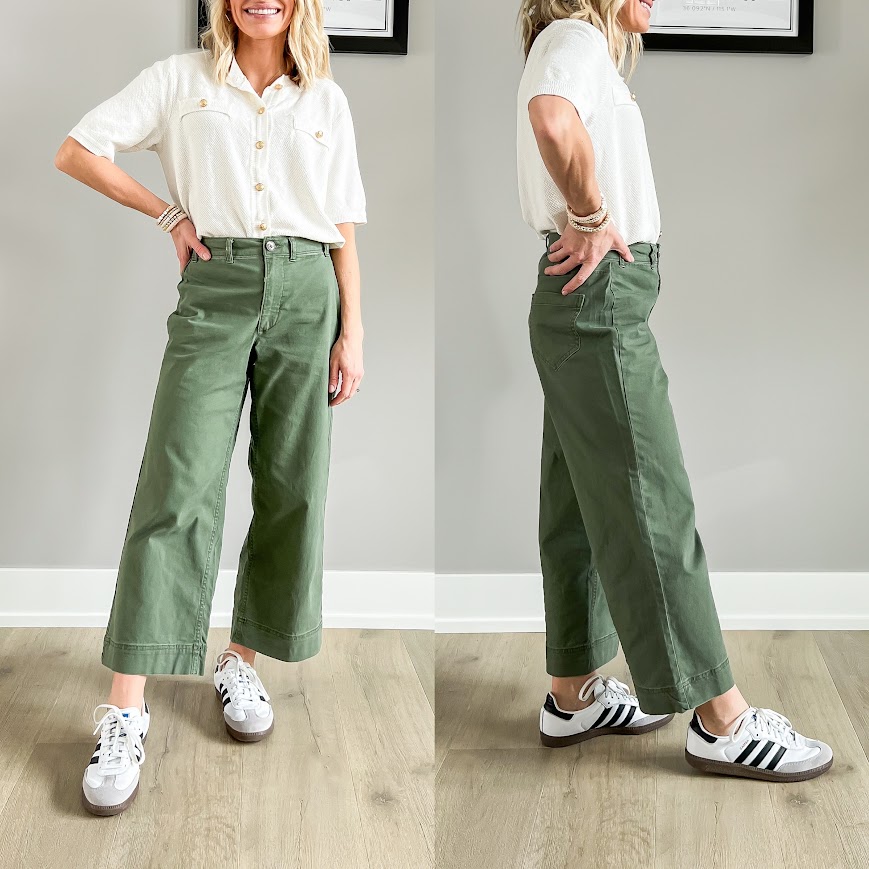 Sneakers paired with cropped wide-leg pants.