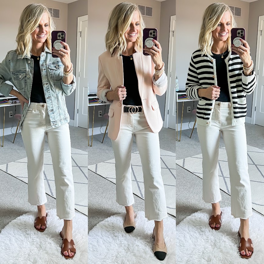 Elevated mom-friendly spring capsule wardrobe with white jeans.