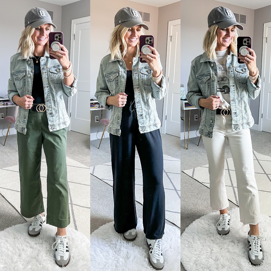 Spring capsule wardrobe with sneakers and a denim jacket.