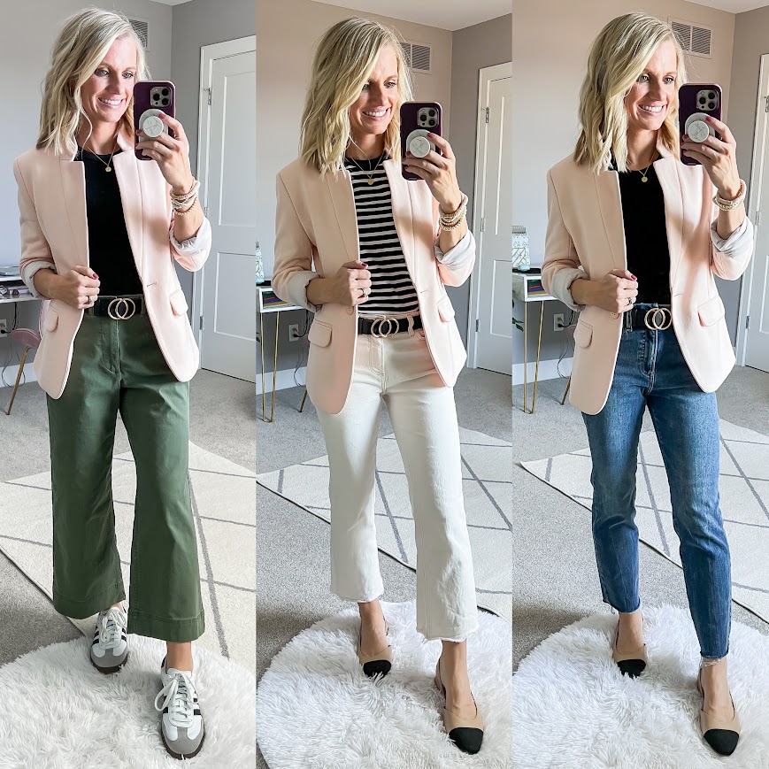 Mom spring capsule wardrobe with a pink blazer.