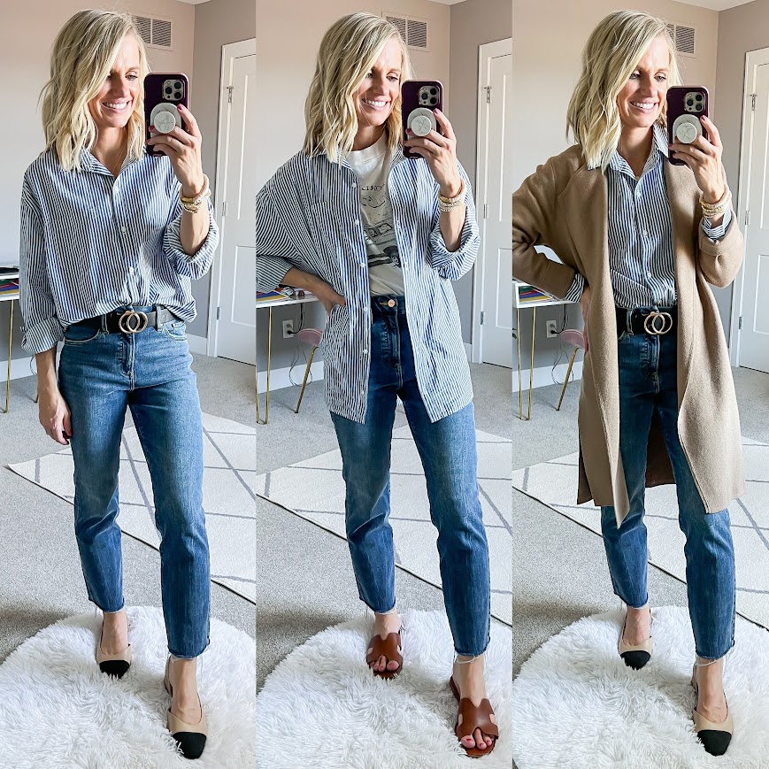 Mom spring capsule wardrobe with button down blouse.