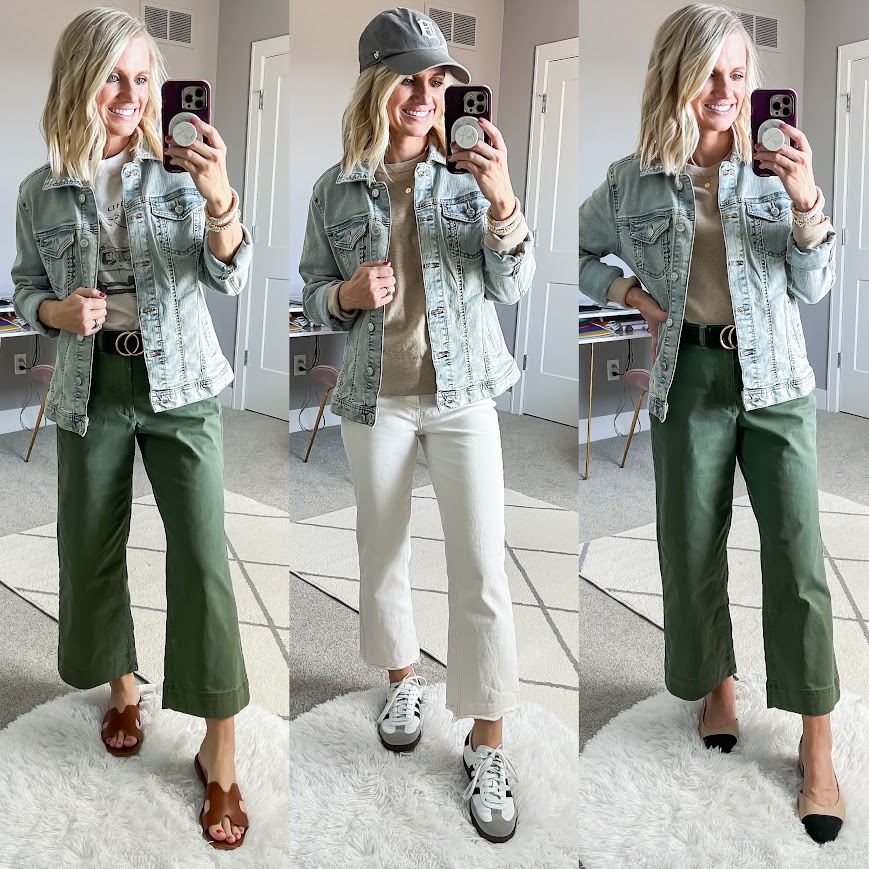 Mom spring capsule wardrobe with a denim jacket.