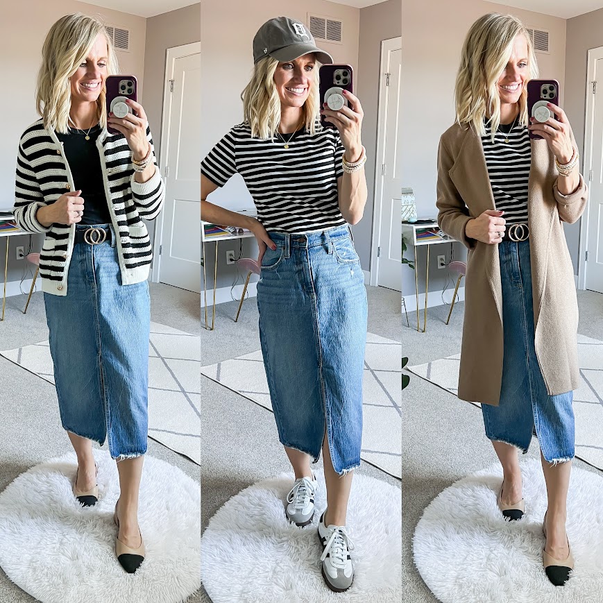 Spring capsule wardrobe with denim skirt and stripes.