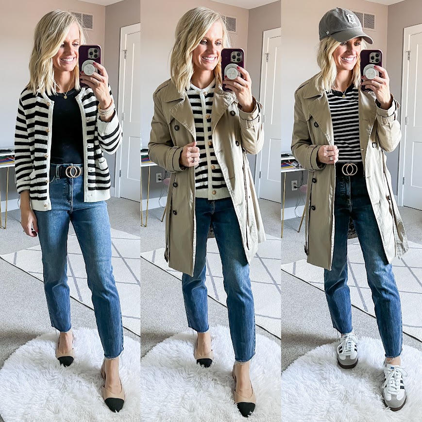 Mom spring capsule wardrobe with jeans and stripes.