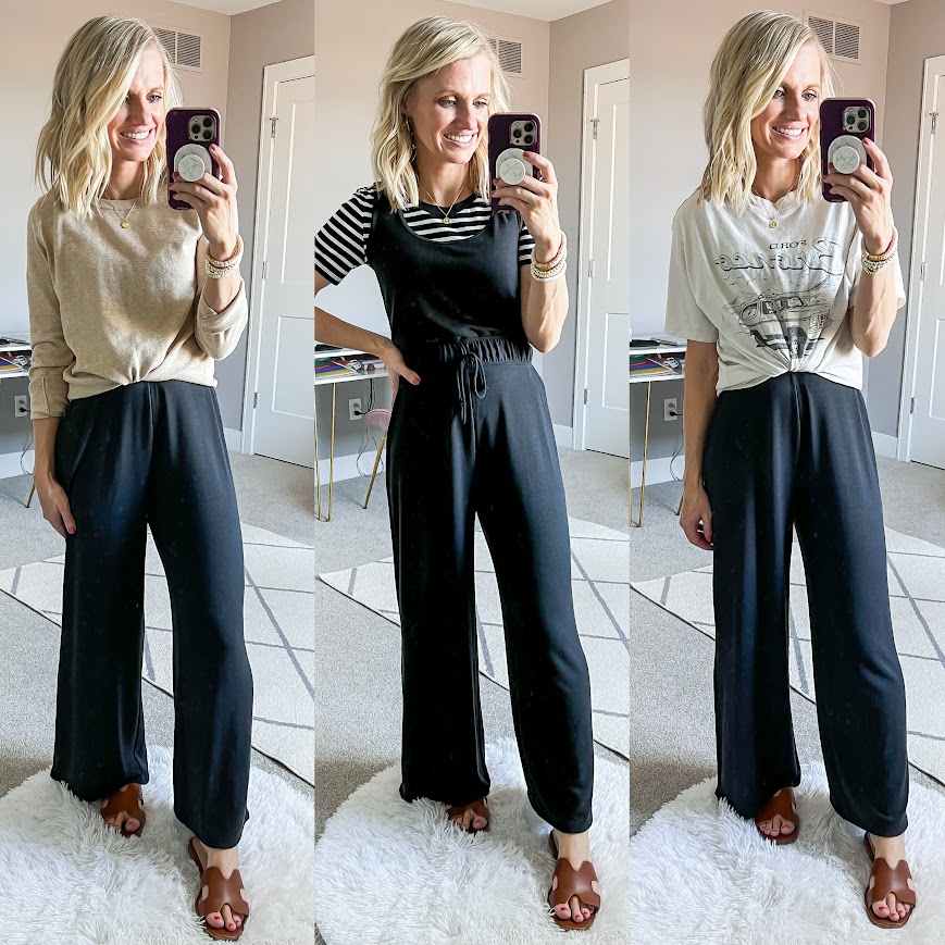 Mom spring capsule wardrobe with a jumpsuit.