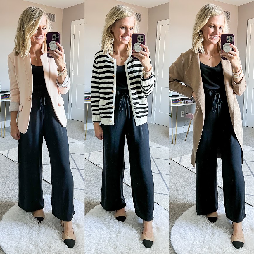 Mom spring capsule wardrobe with a jumpsuit.