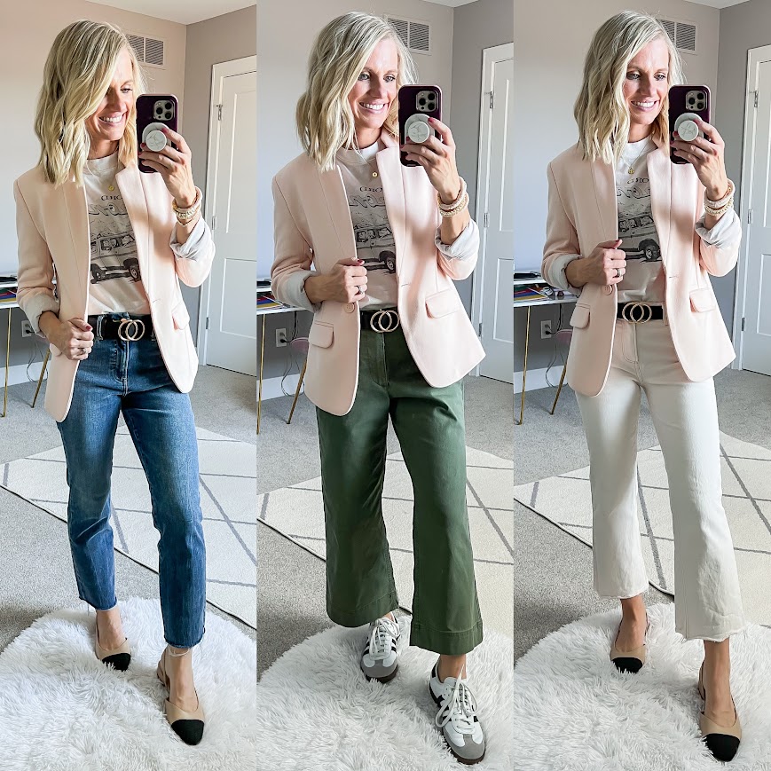 Mom spring capsule wardrobe with a pink blazer.