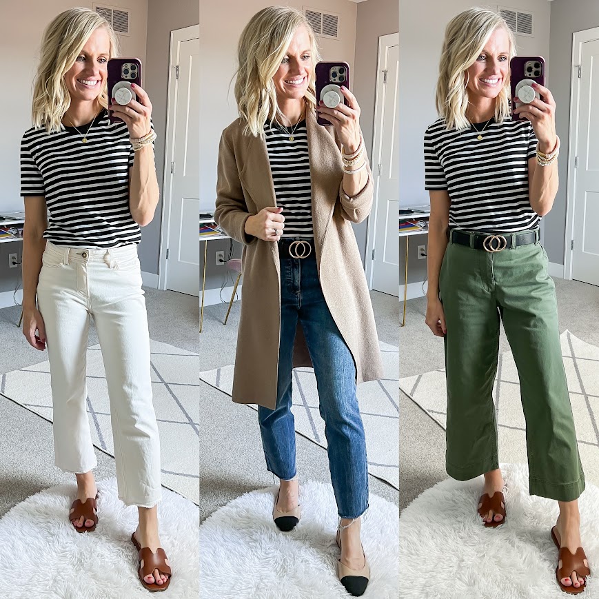 Mom spring capsule wardrobe with a striped shirt.