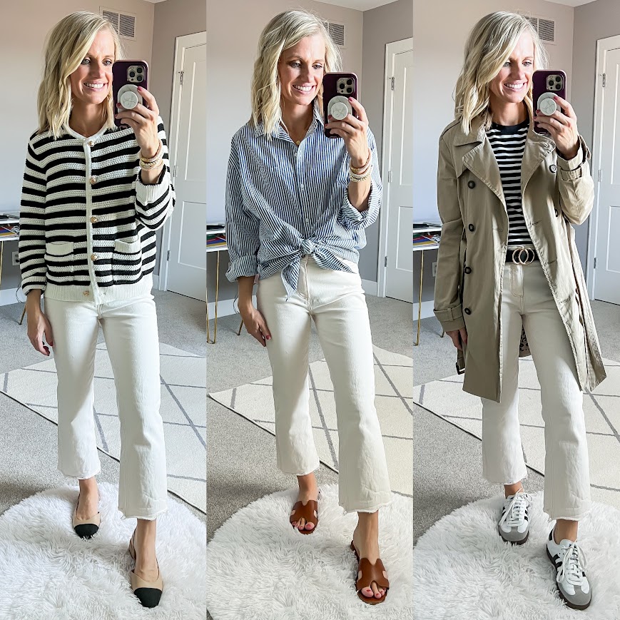 Mom spring capsule wardrobe with white jeans.