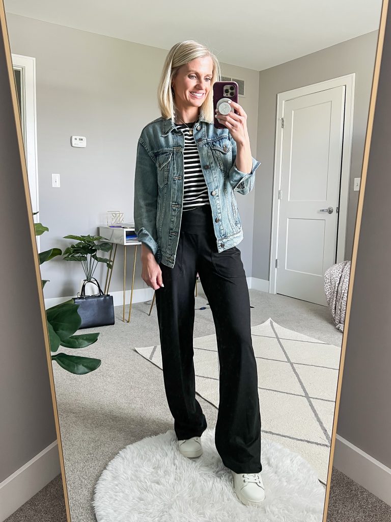 black wide legged pants and jean jacket