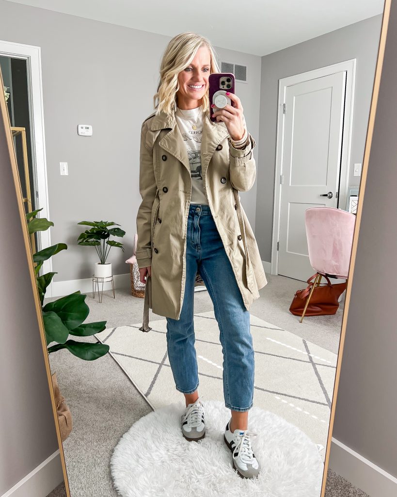 trench coat with jeans and tennis shoes