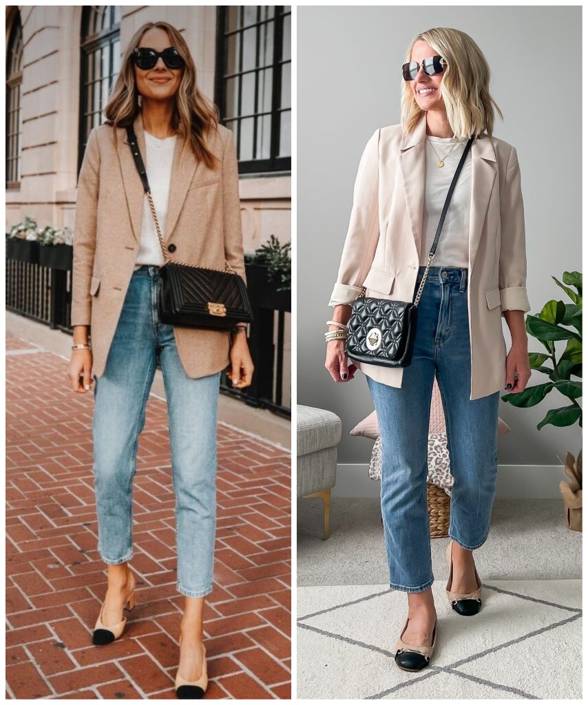 pinterest outfit light pink blazer, jeans and ballet flats