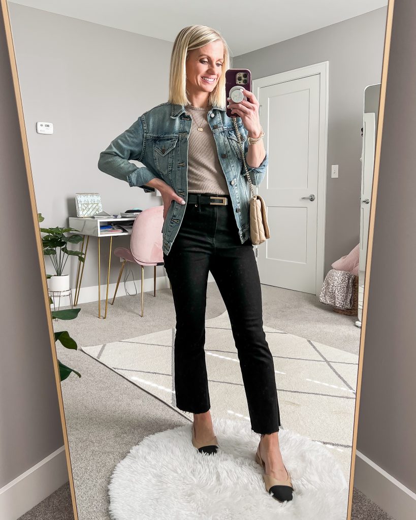 black jeans and jean jacket with flats