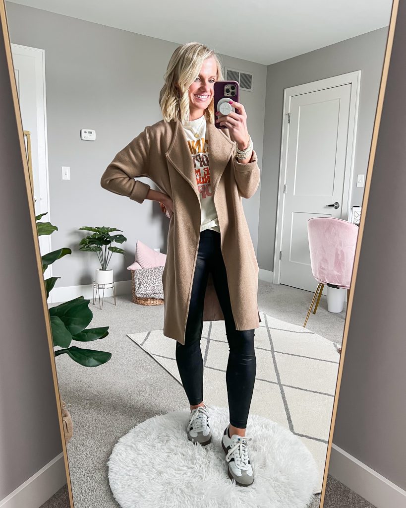 camel coatigan with black leather leggings