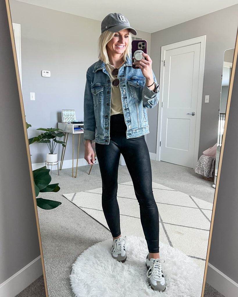 spanx leather leggings with jean jacket and baseball cap