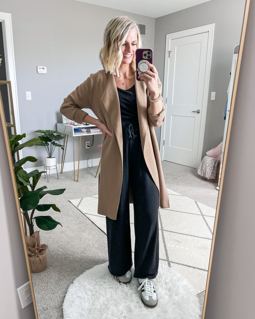camel coatigan with jumpsuit casual mom outfit